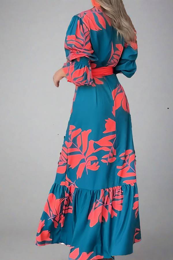 Colorblock Tropical Print V-Neck Puff Sleeve Belted Maxi Dress