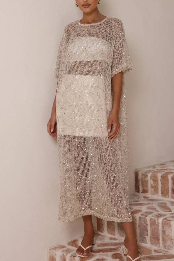 All Over Sequin Mesh Sheer Midi Cover Up Dress Crew Neck Loose Side Split Beach Party Tunic