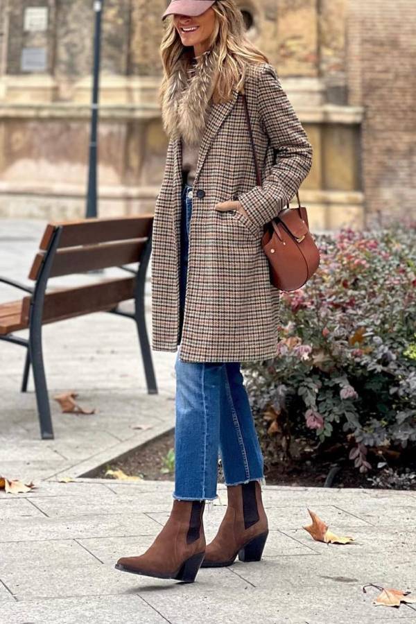 Brown plaid wool suit collar coat