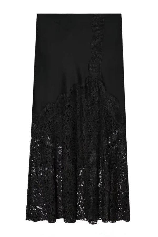 Solid Color Silk Satin and Lace Spliced elegant Maxi Skirt