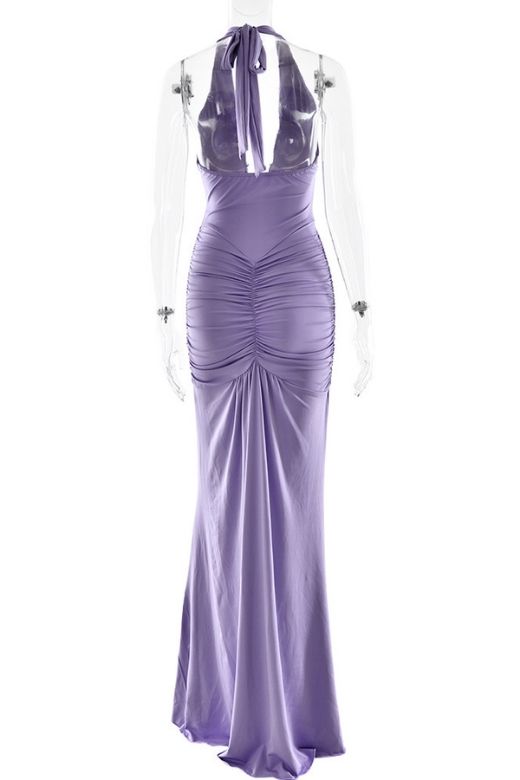 Violet Purple Ruched Deep V-Neck Drape Panel Bodycon Maxi Dress