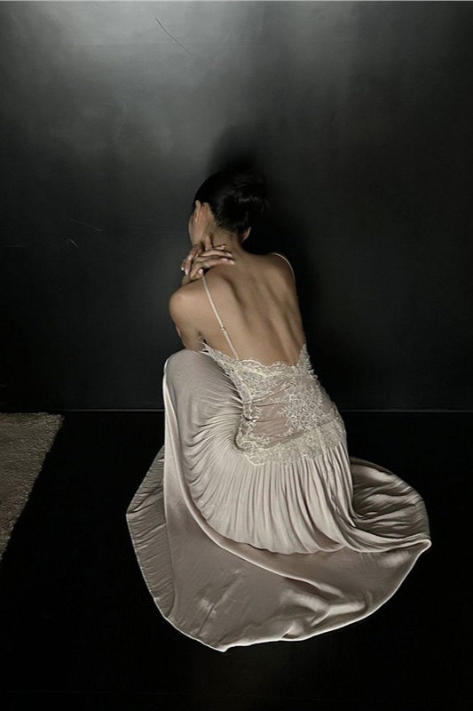 Spice Girl Lace Insert Backless Slip Prom Dress