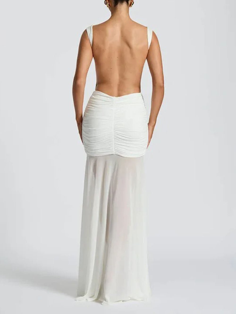 Boat Neck Sleeveless Ruched Hip Buckle Draped Panel Mermaid Maxi Gown
