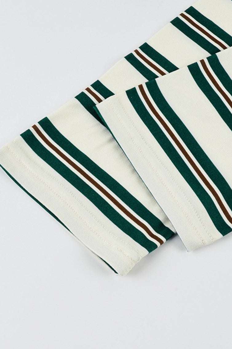 Striped Polo Collar Long Sleeve Tee