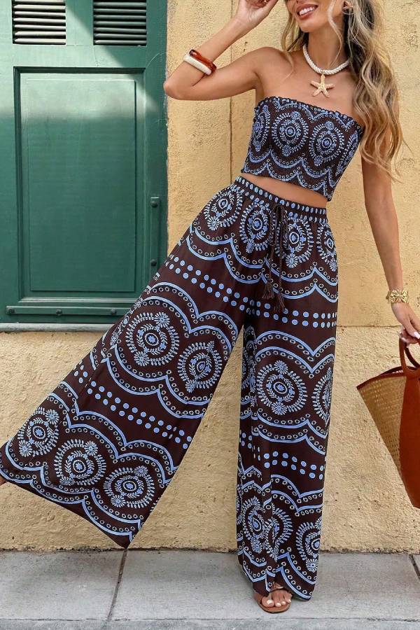 Ethnic Print Tube Crop Top & High Waist Wide Leg Pants 2-Piece Vacation Set