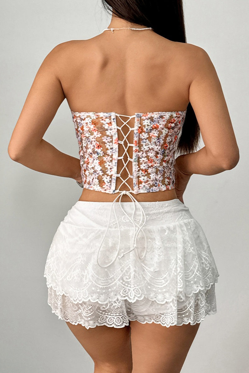 Floral Embroidery Boned Sheer Corset Tube Top
