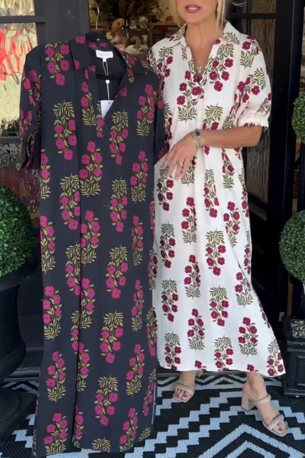 Collared Floral Print Relaxed Slit Shirt Dress