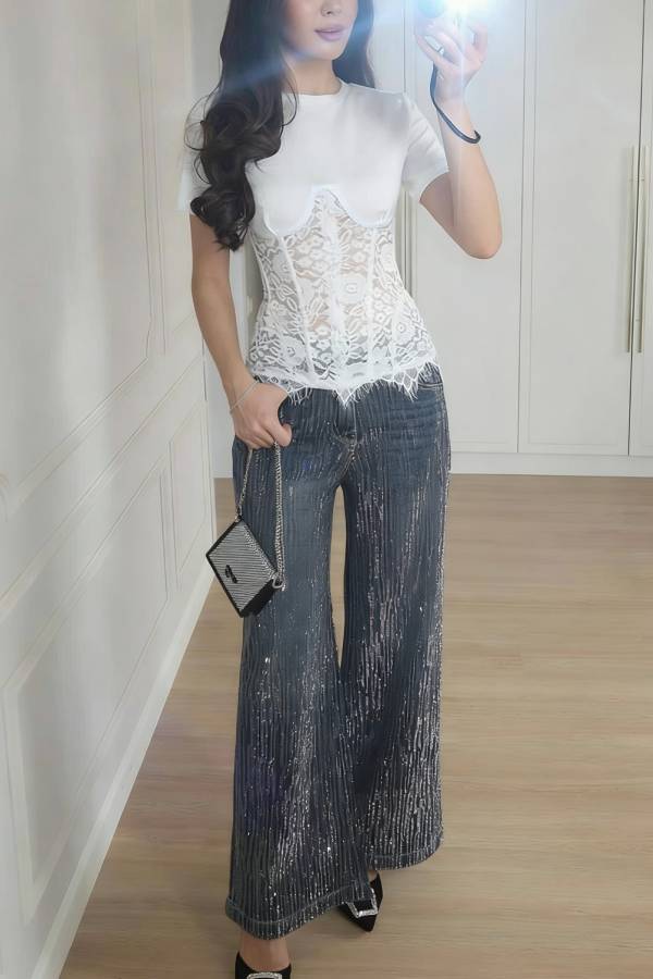 Deelia Lace Fishbone Short Sleeve Back Lace-up Waisted T-shirt