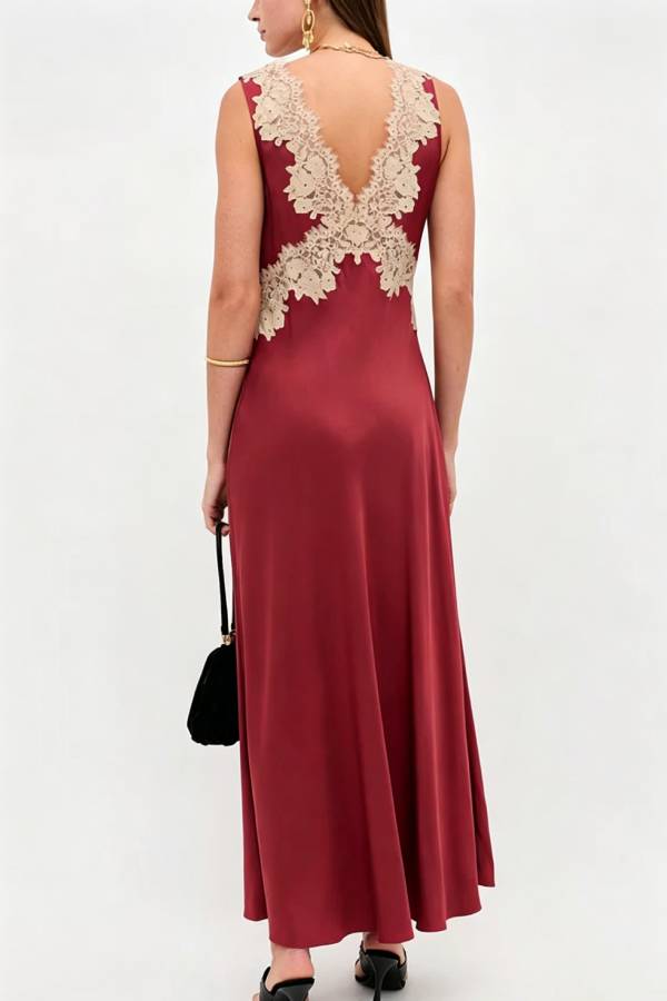 A Little Sultry Satin Floral Lace Trim V-neck Sleeveless Drape Maxi Dress
