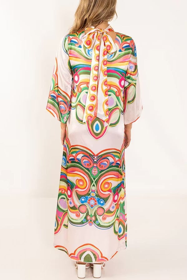 Venice Satin Colorful Baroque Style Print High Neck Tie-up Half Bell Sleeve Maxi Dress