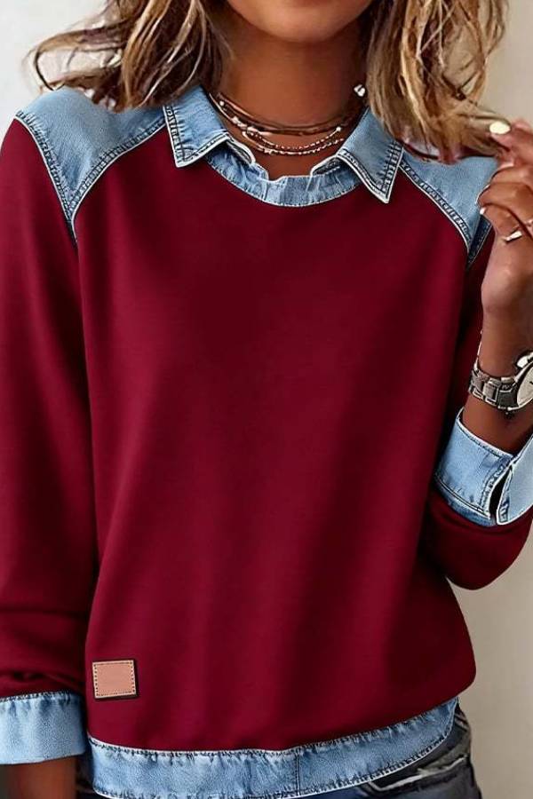 Denim Spliced Fake Two Piece Long Sleeve Knit Sweatshirt Top