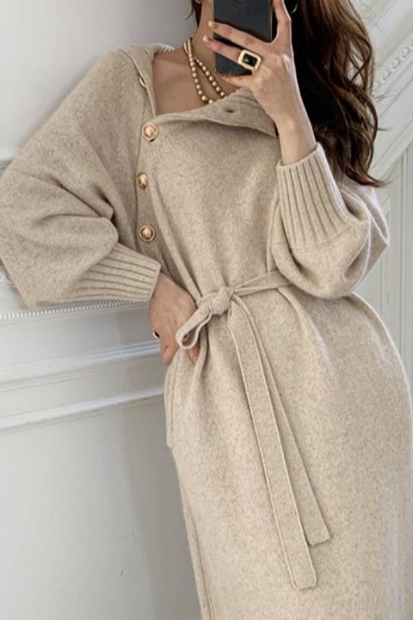 Diagonal‑Button Turtleneck Waist‑Tie Knit Midi Dress