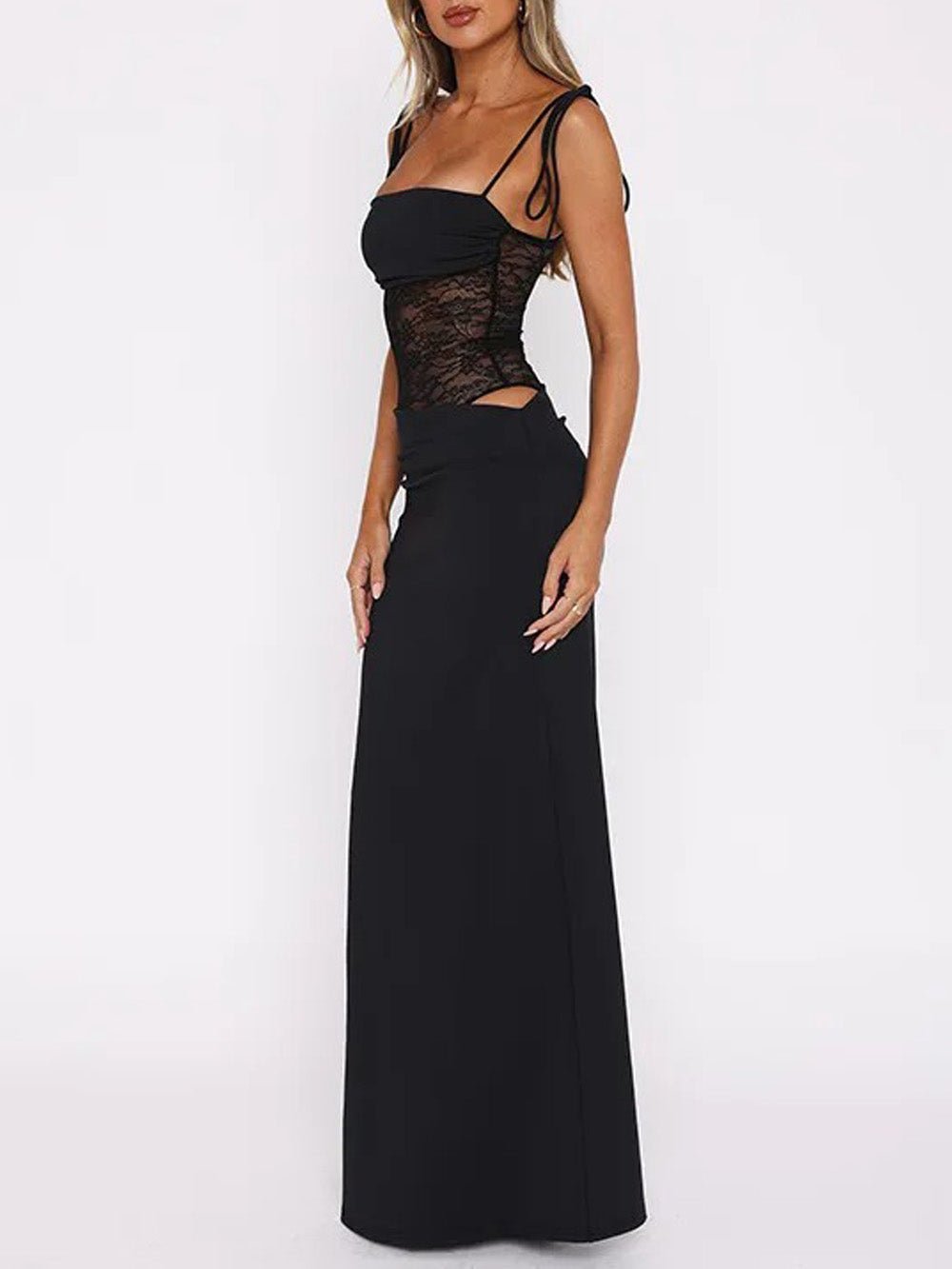 Black Lace Corset Spaghetti Strap Square Neck Cut Out Bodycon Maxi Dress