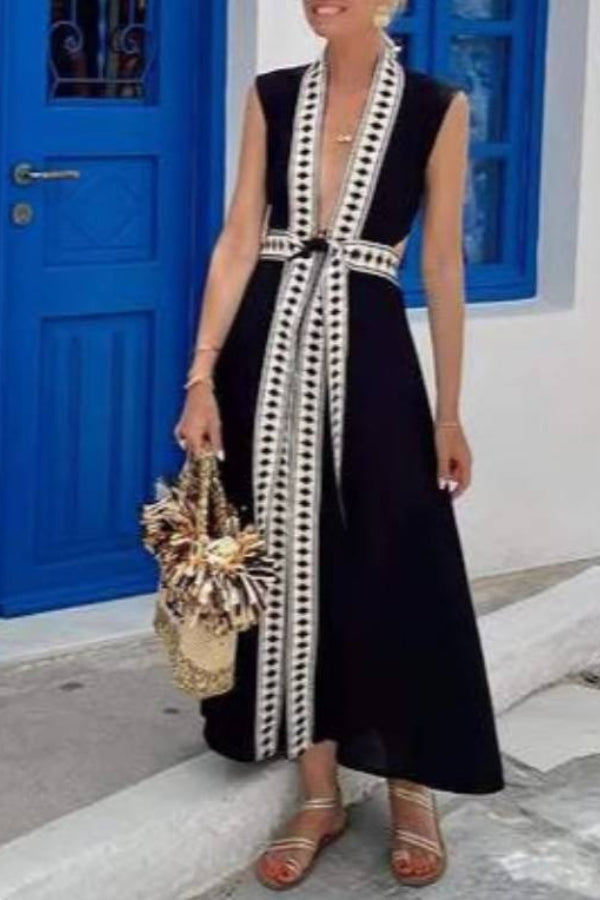 Black Geometric Deep V Sleeveless Cutout Waist Tie-Up Maxi Dress