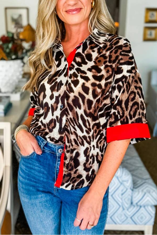 Dark Brown Patchwork Allover Leopard Print Shirt
