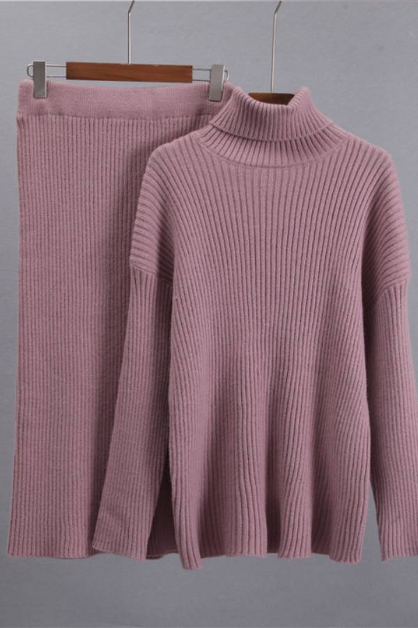 Turtleneck Ribbed Loose Sweater & Knit Midi Skirt Two‑Piece Set