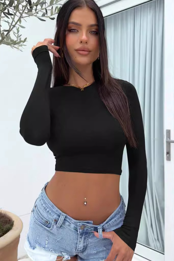 Hottie Solid Round Neck Slim Long Sleeve Crop Top