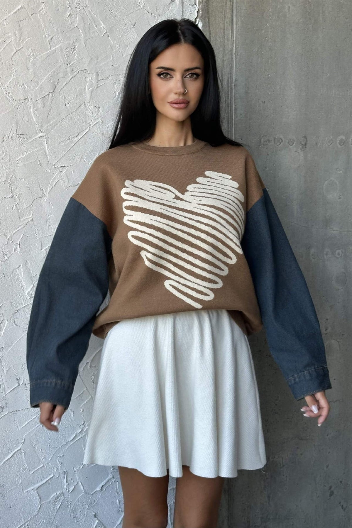 Heart Pattern Crewneck Denim Sweater