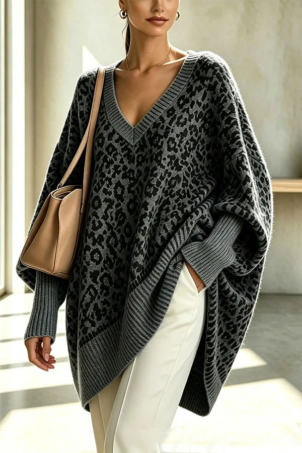 Relaxed Style Knit Leopard Print V-neck Batwing Sleeve Loose Sweater