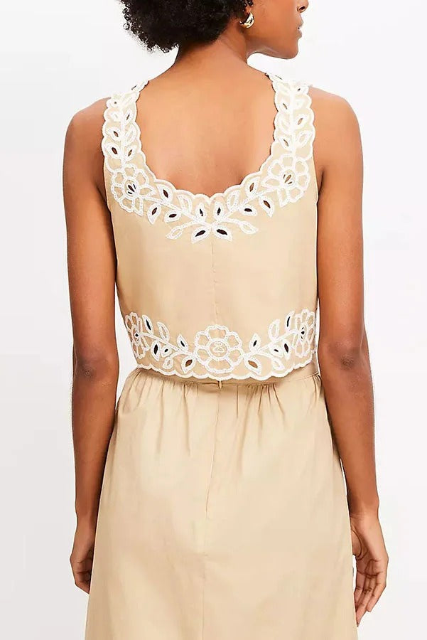 Vacation Season Floral Eyelet Poplin Tank and High Rise Elastic Waist Midi Skirt