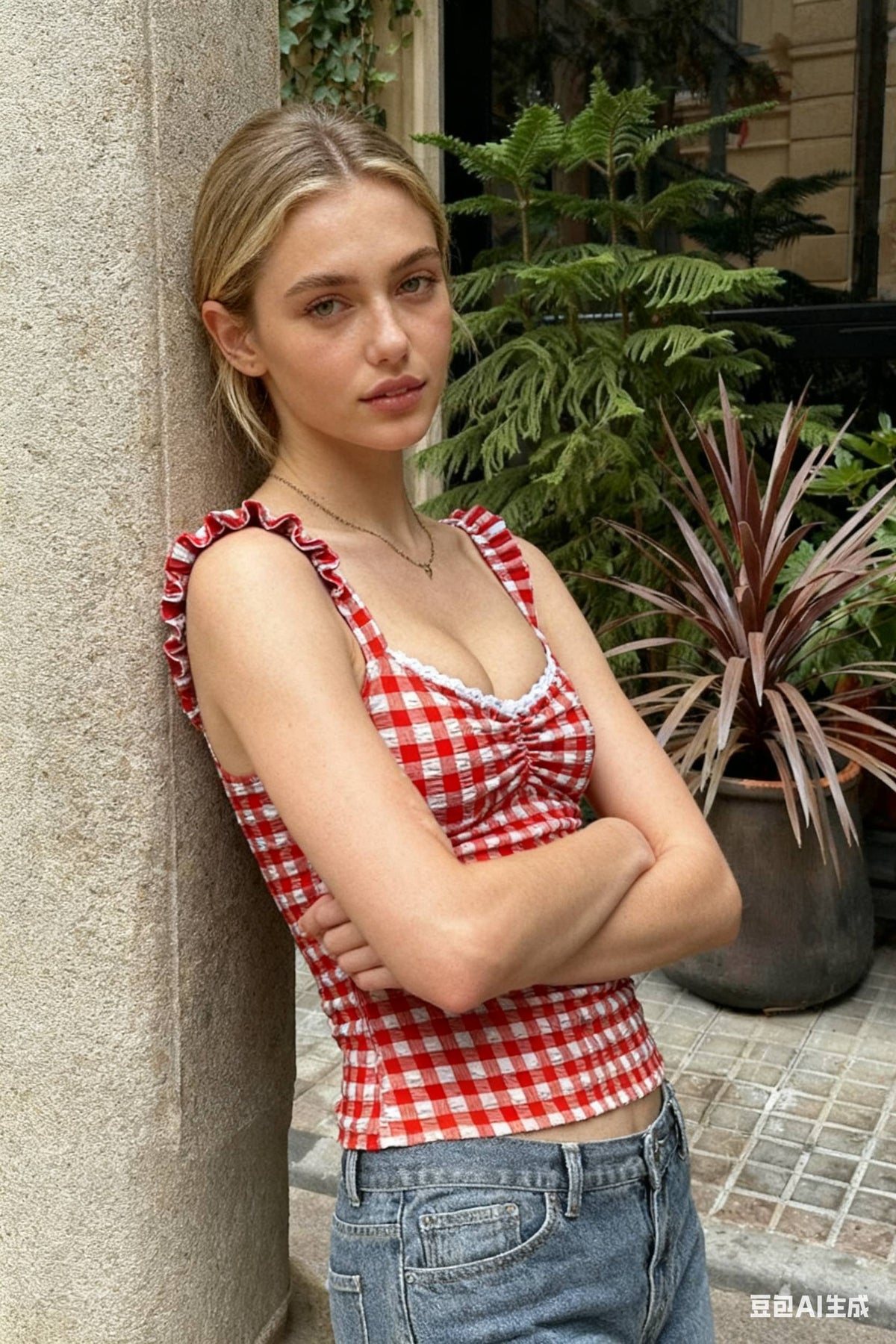 Plaid Low-cut Lace Backless Strap Tank Crop Top