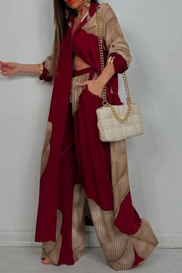 Color Block Vertical Stripe Print Long Shirt Cardigan & Elastic Waist Wide Leg Pants 2 Piece Set