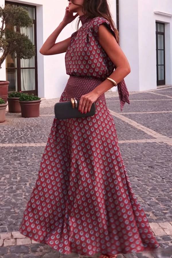 Dalena Satin Art Print High Tie-up Neck Short Sleeve Top and High Rise Maxi Skirt Set