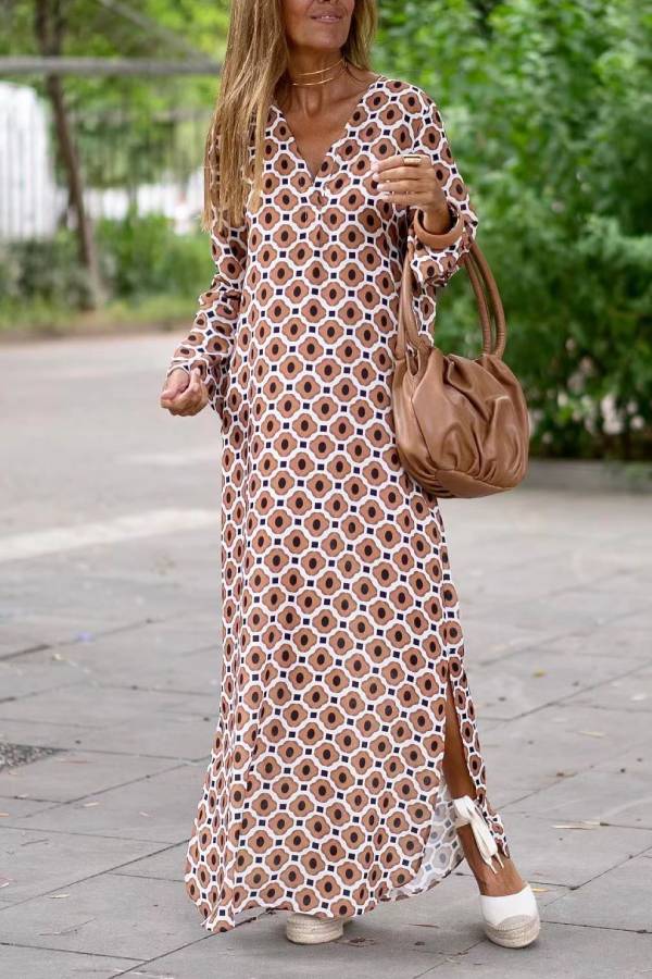 Retro Geometric Print V-Neck Loose Maxi Dress