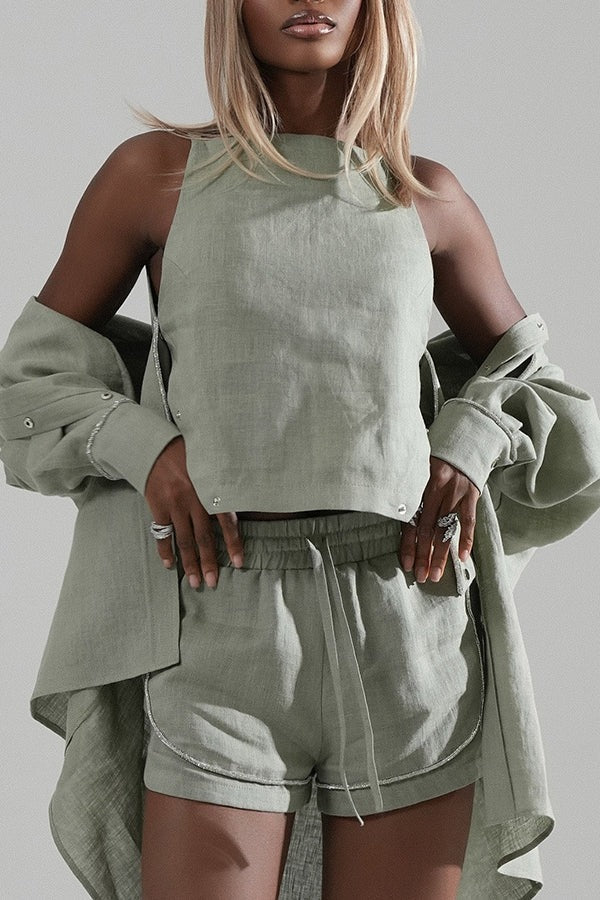 Alanah Linen Blend Silver Tirm Long Sleeve Pocket Oversized Shirt Jacket