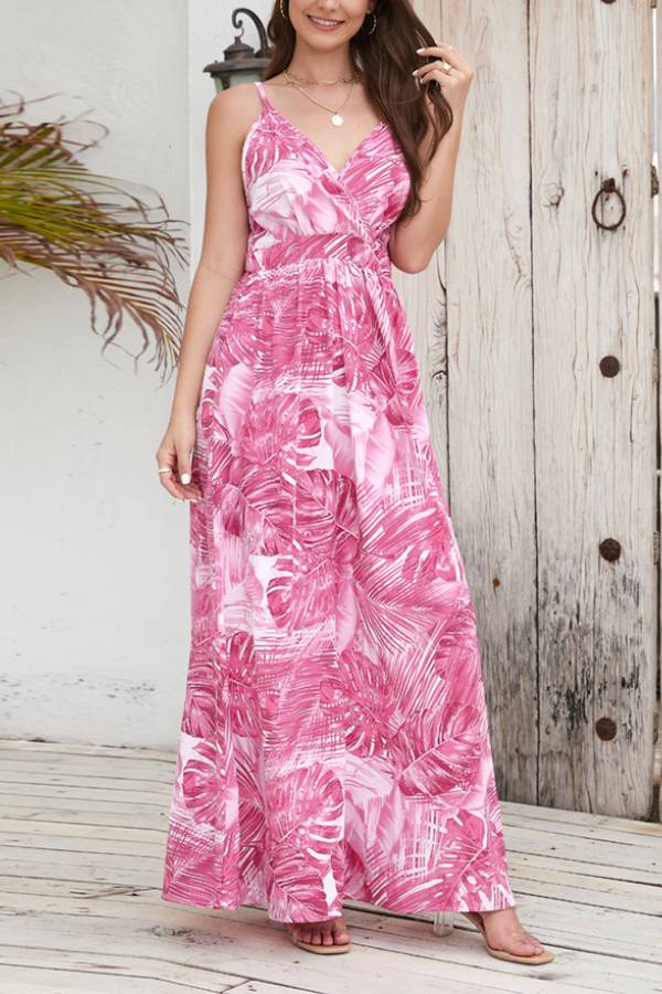 Spaghetti Strap Tropical Print Waist-Cinched Maxi Dress