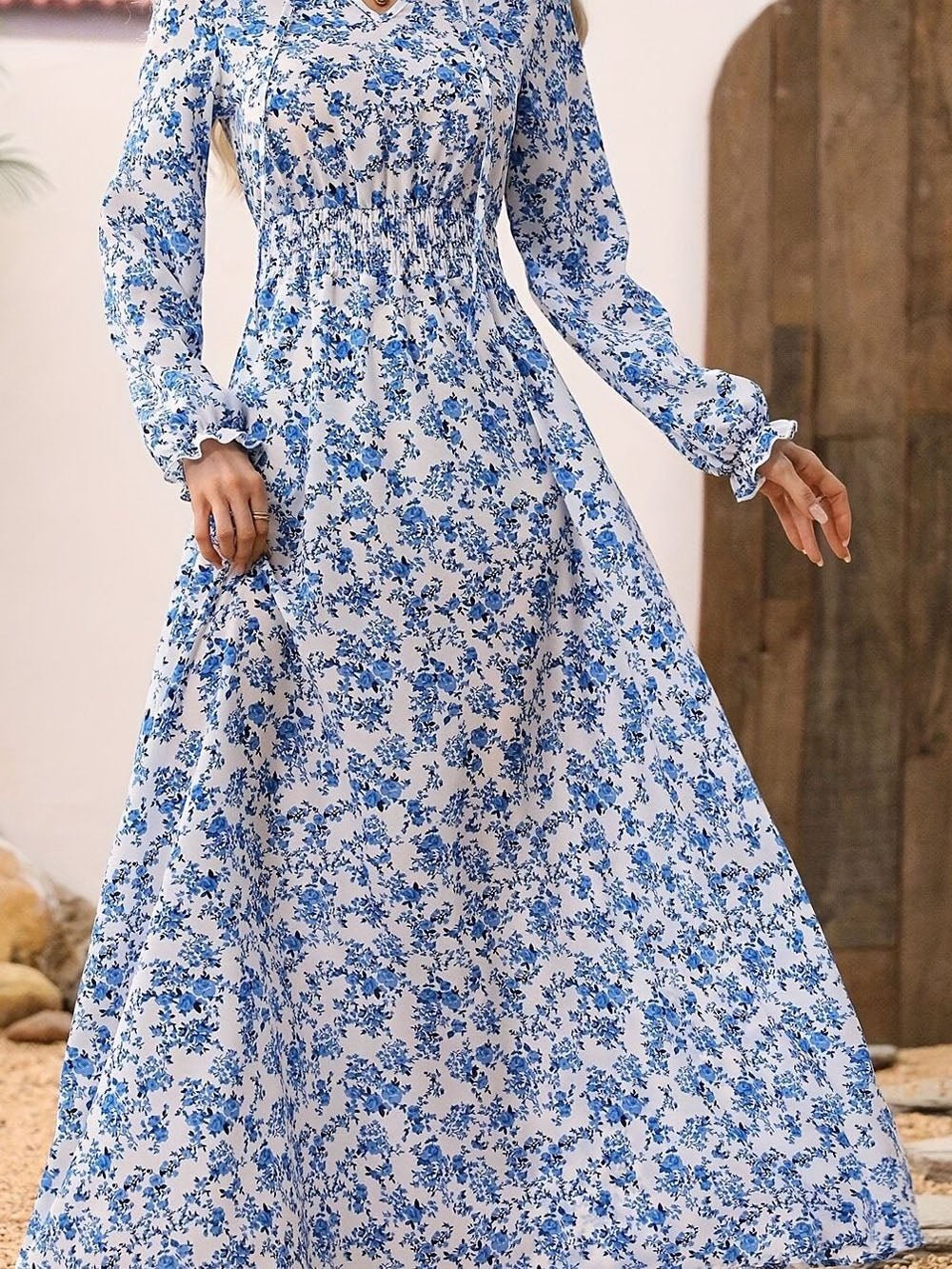 Blue Floral Print V-Neck Ruffle Shoulder Long Sleeve Smocked Waist A-Line Maxi Dress