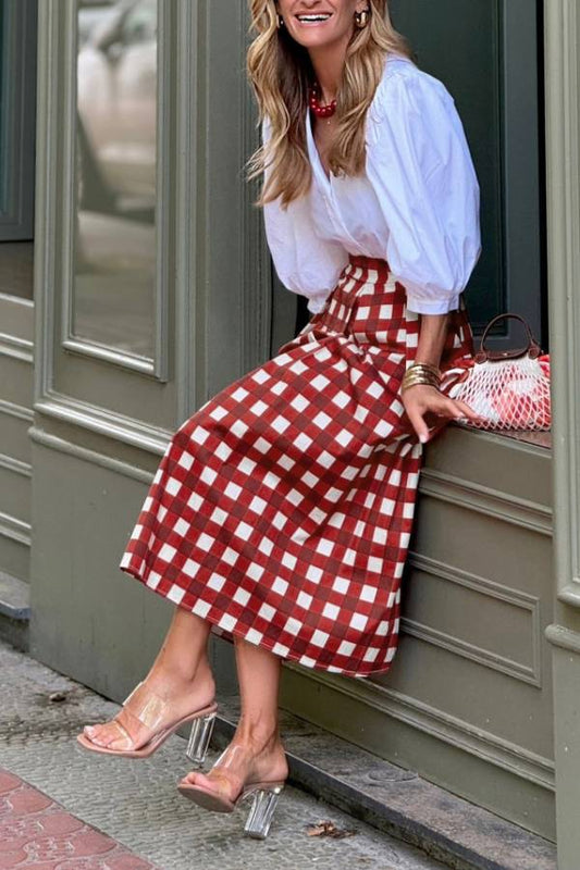 Vintage Gingham High Waist A‑Line Midi Skirt