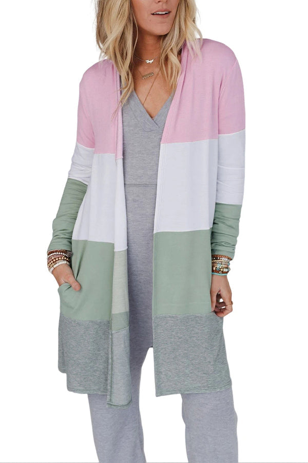 Multicolor Color Block Casual Pocketed Duster Cardigan