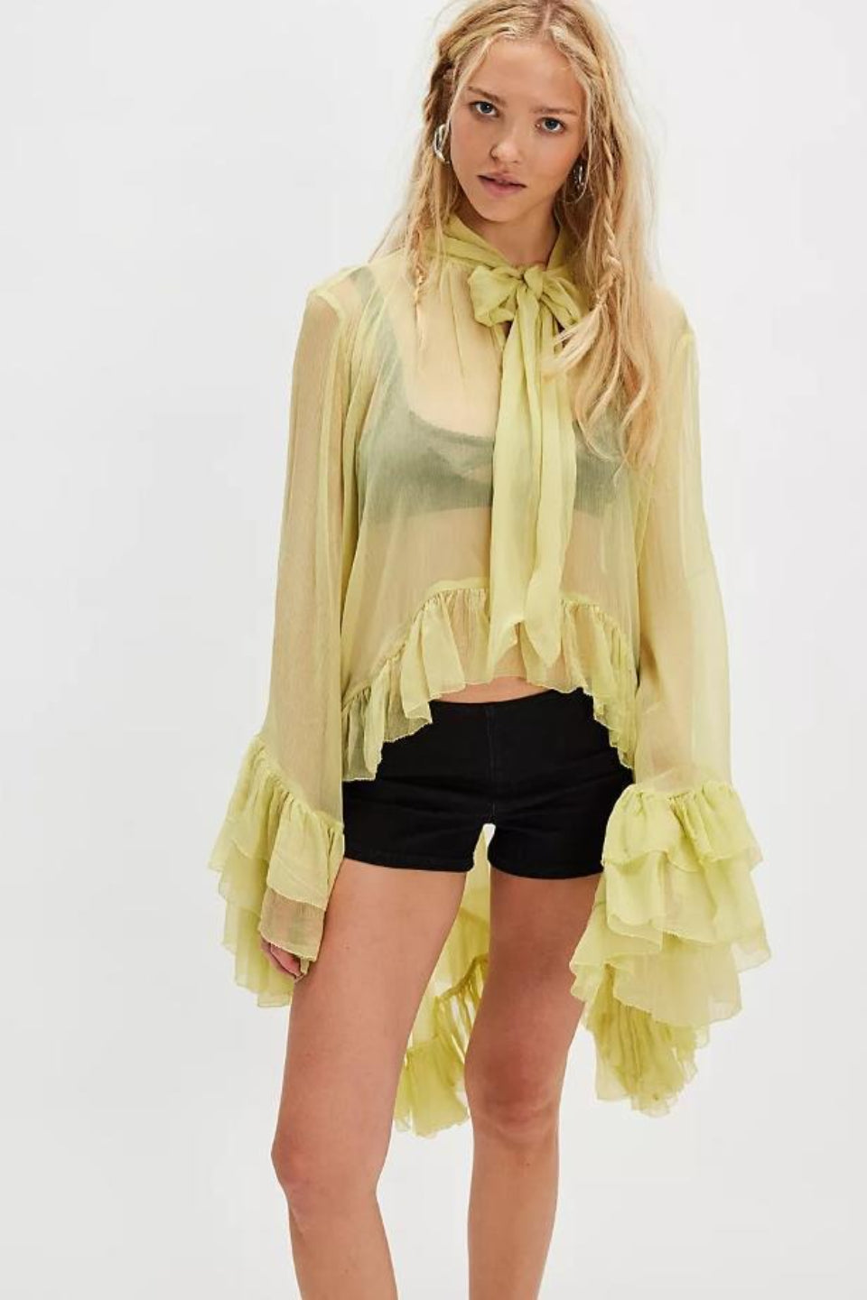 Sheer Flare Sleeve Tie Blouse