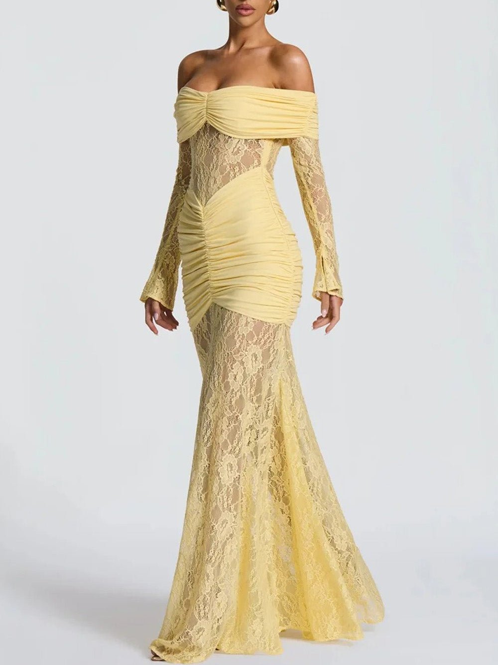 Yellow Off Shoulder Lace Long Sleeve Ruched Panel Sheer Maxi Gown