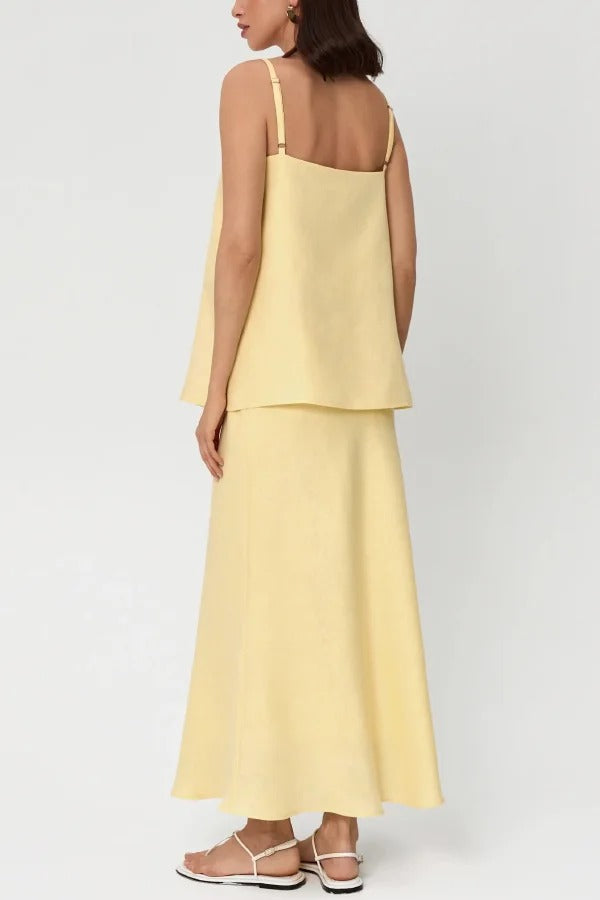Linen Blend Loose Square Neck Camisole Top and Elegant Resort Maxi Skirt Set