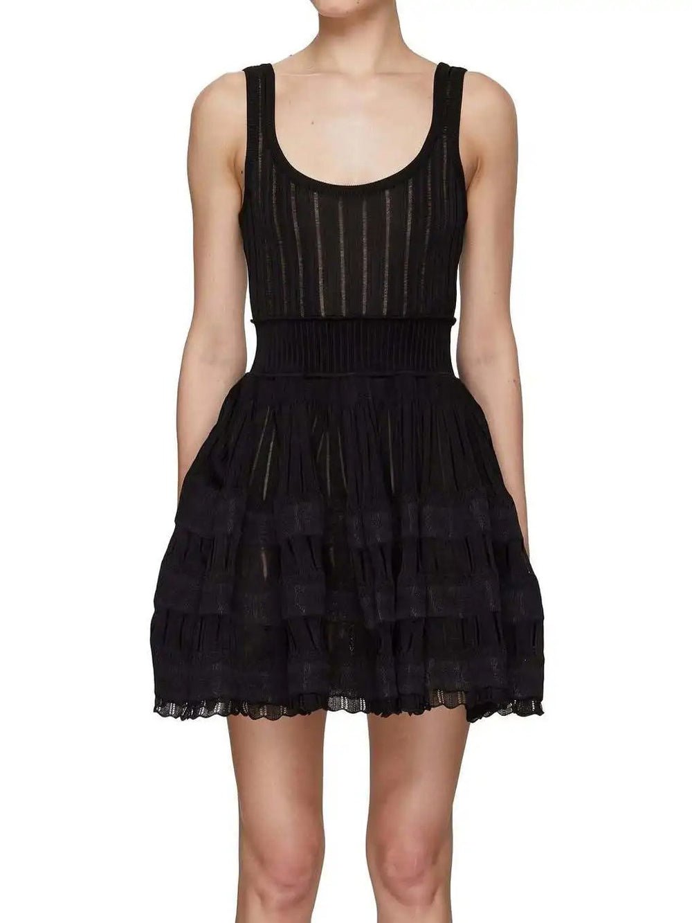 Knit Scoop Neck Tiered Eyelet Ruffle Hem Fit and Flare Mini Dress
