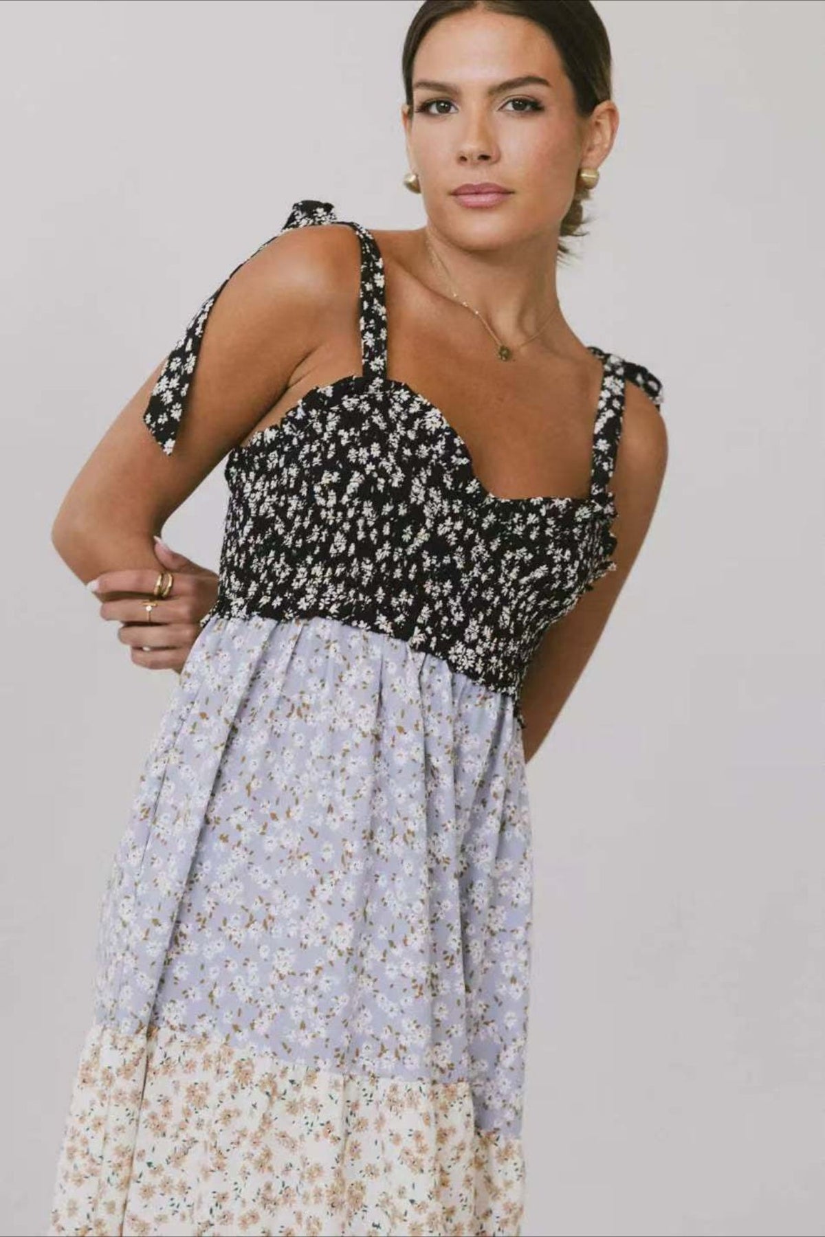 Gingham Patchwork Floral Print Boho Dress