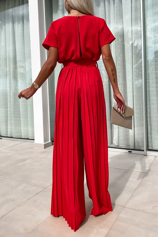 Ivy Cowl Neck Short Sleeve Belt Pleated Loose Wide Leg Jumpsuit