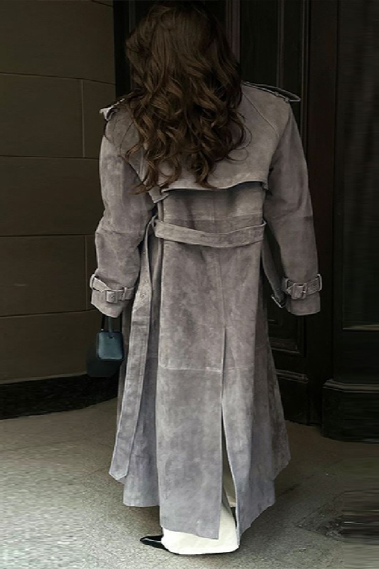 Wool Double Breasted Notched Lapel Tied Waist Overcoat