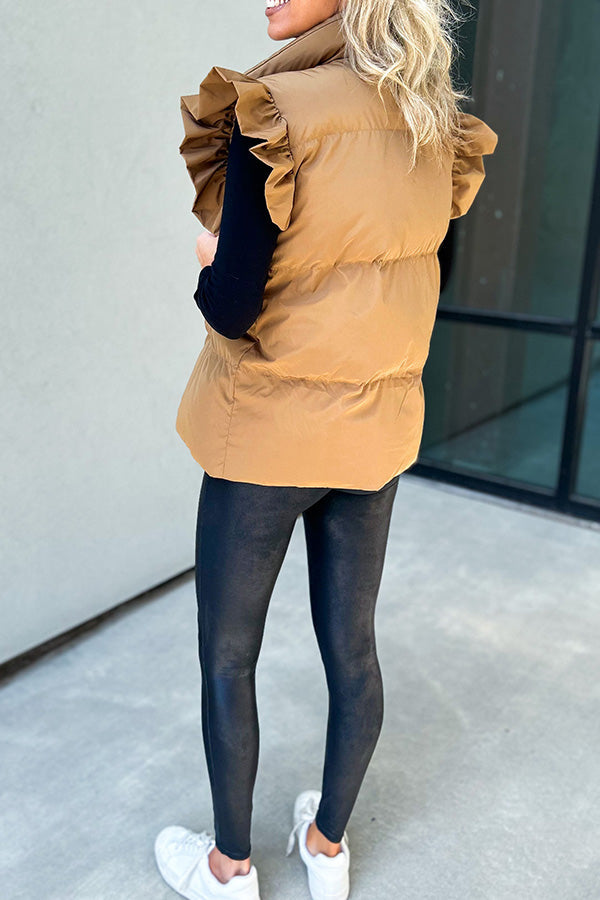 Casual stand-up collar, buttoned double pockets, flying ruffled sleeves vest