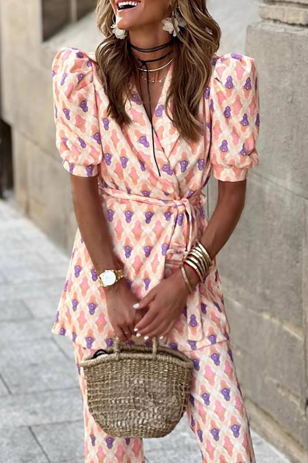 V-Neck Puff Sleeve Print Tie-Waist Wide-Leg Pants Set