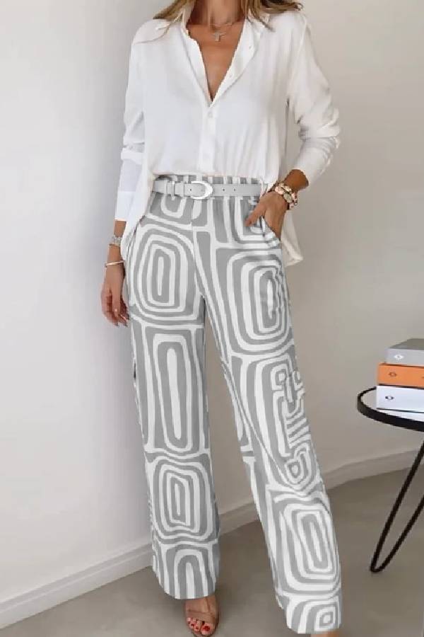 Solid Long Sleeve Shirt & Geometric Print High Waist Wide Leg Pants 2 Piece Set