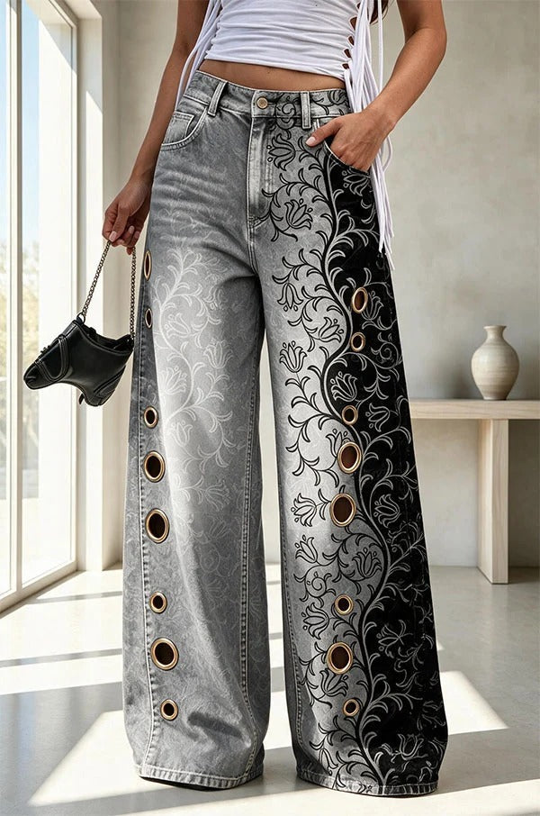 Faux Denim Unique Print Mid Rise Silver Stud Detail Pocket Barrel Pants