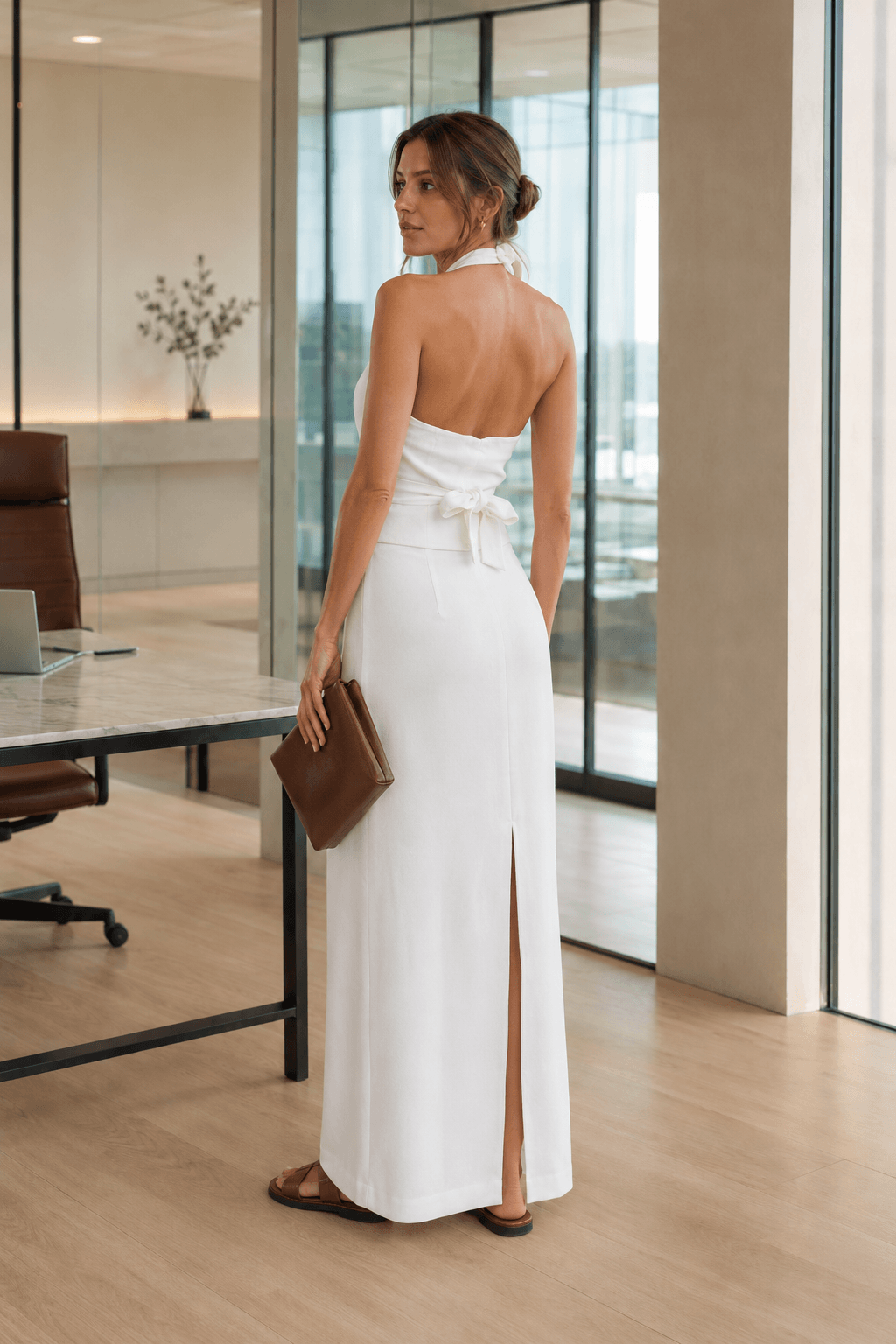 Linen Halter Vest Maxi Dress Two Piece Work Set