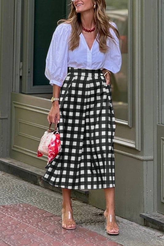 Vintage Gingham High Waist Pleated A Line Midi Skirt
