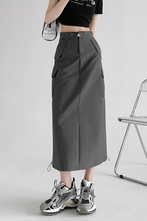 A-Line Gray Vintage Cargo High Slit Skirt