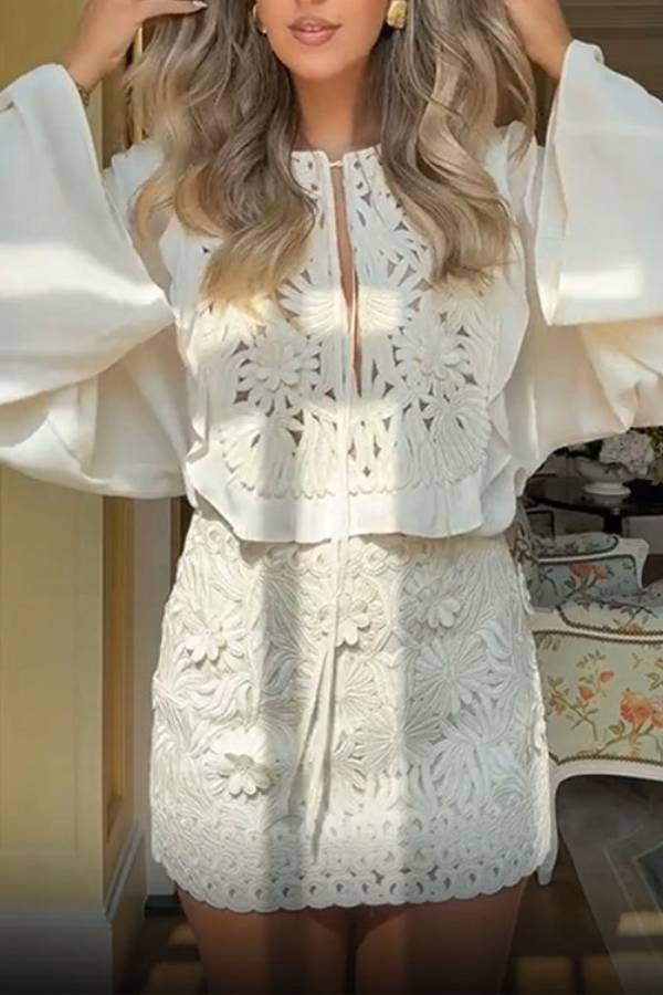 Heavy Floral Embroidered Puff Sleeve Top & Skirt Two-Piece Set