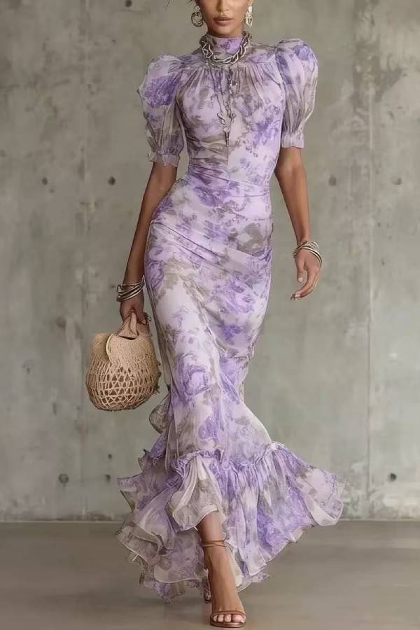 Mock Neck Puff Sleeve Watercolor Floral Ruched Mermaid Ruffle Maxi Dress