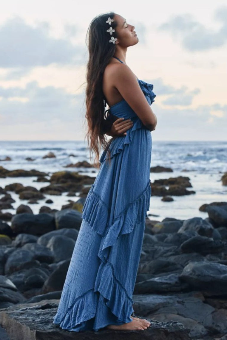 Solid Backless Ruffle Patchwork Boho Dress